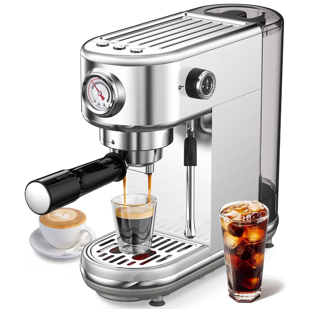 Atatix Espresso Machine with Milk Frother, 20 Bar Pressure Espresso Maker, with 44OZ Removable Tank, Compact Stainless Steel Coffee Machine for Home, Office, Latte, Cappuccino, Macchiato, Silver