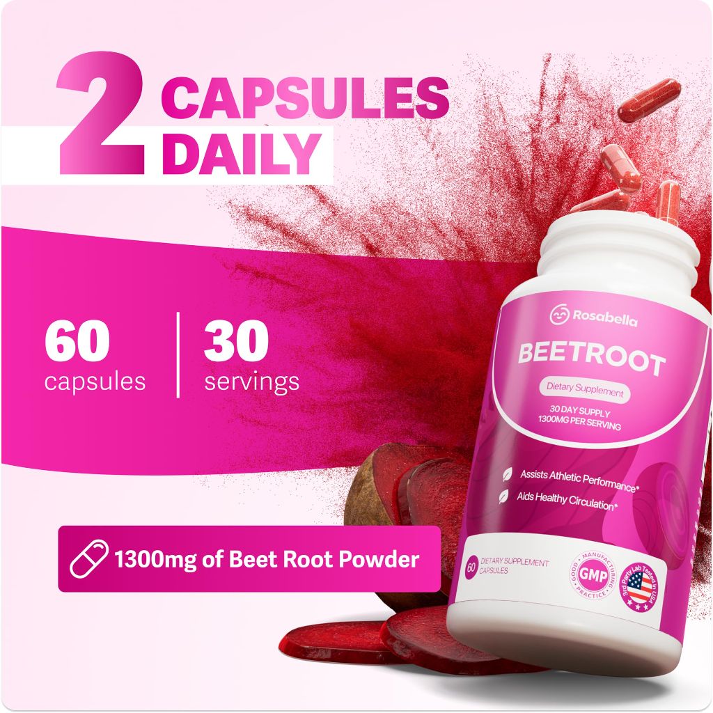 Rosabella Organic Beet Root Capsules - 1300mg Beet Root Powder Aids Healthy Circulation & Vitality, - 60 Capsules, 30-Day Supply