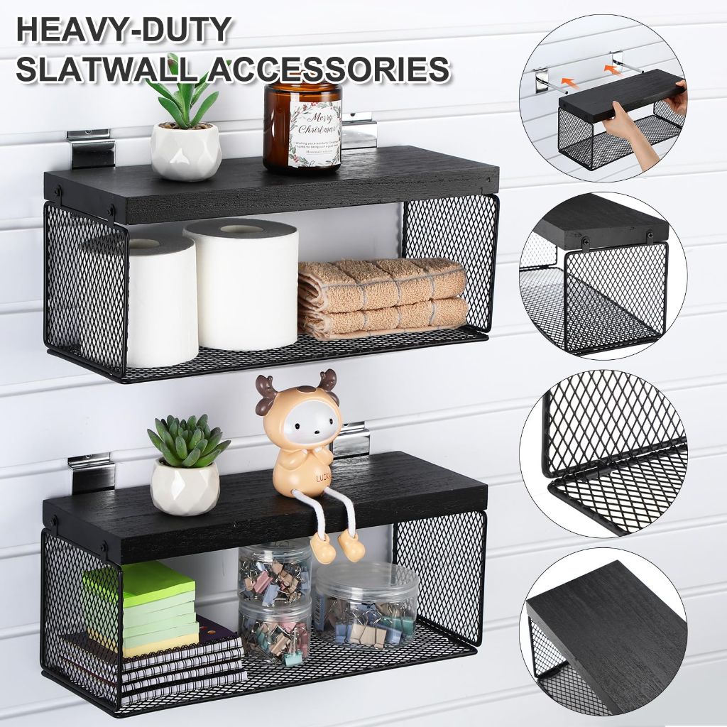 Blulu Metal Slatwall Baskets with Hooks - Black, 15.7" x 6" (2 Pack)