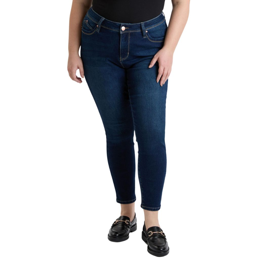ROYALTY FOR ME Women's Plus High Rise Curve Confidence Wannabettabutt Skinny Jeans, Dark Blue, 16W
