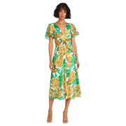 Maggy London Women's Dresses Tropical Leaf Print V-Neck Midi Dress, Soft White/Golden Olive, 14