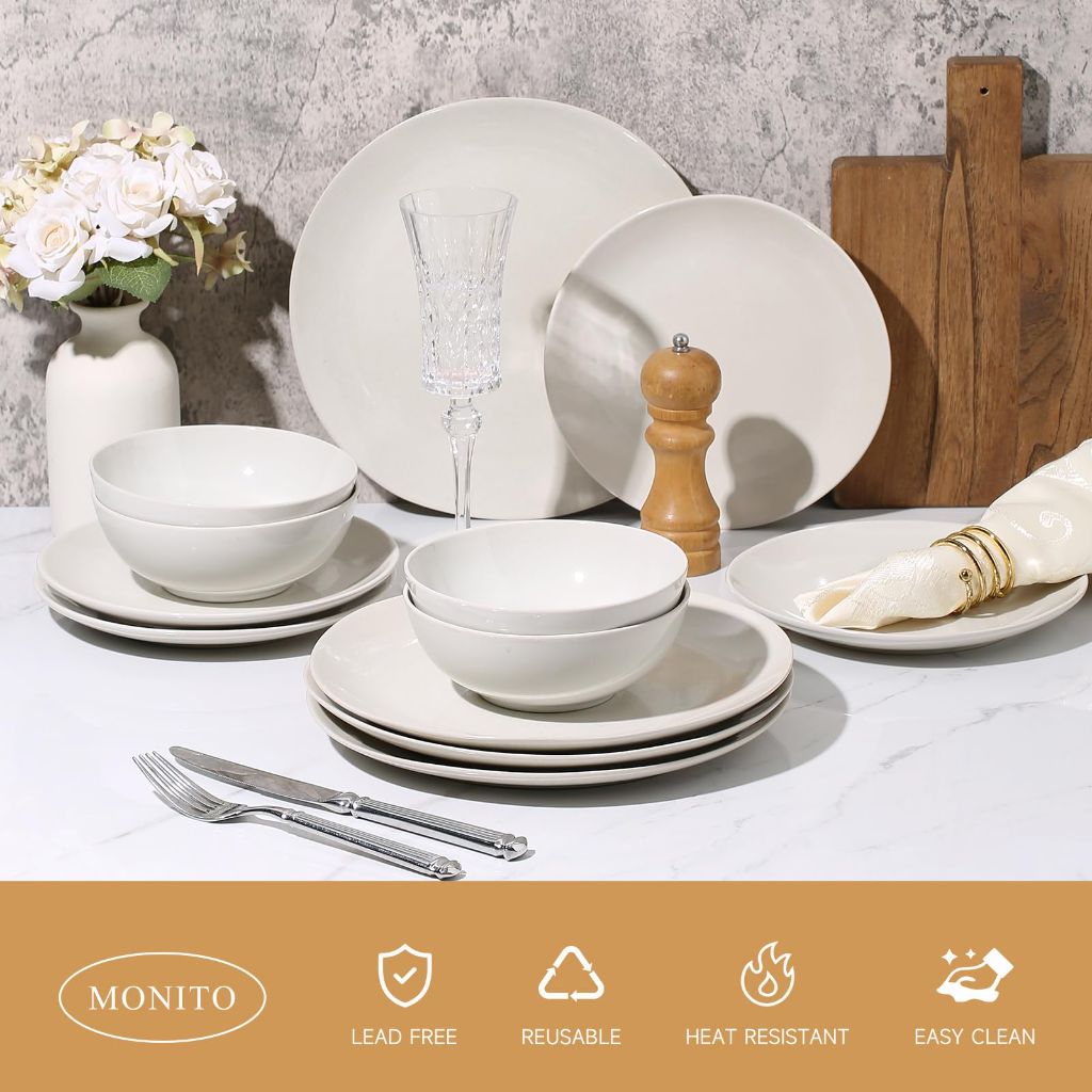 Ceramic Dinnerware 12 Pieces glazed cream white Dinner Set