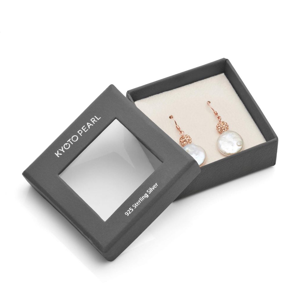 Kyoto Pearl White Freshwater Cultured Coin Pearl Drop Fish Hook Earrings Rose Gold Plated 925  (12mm)