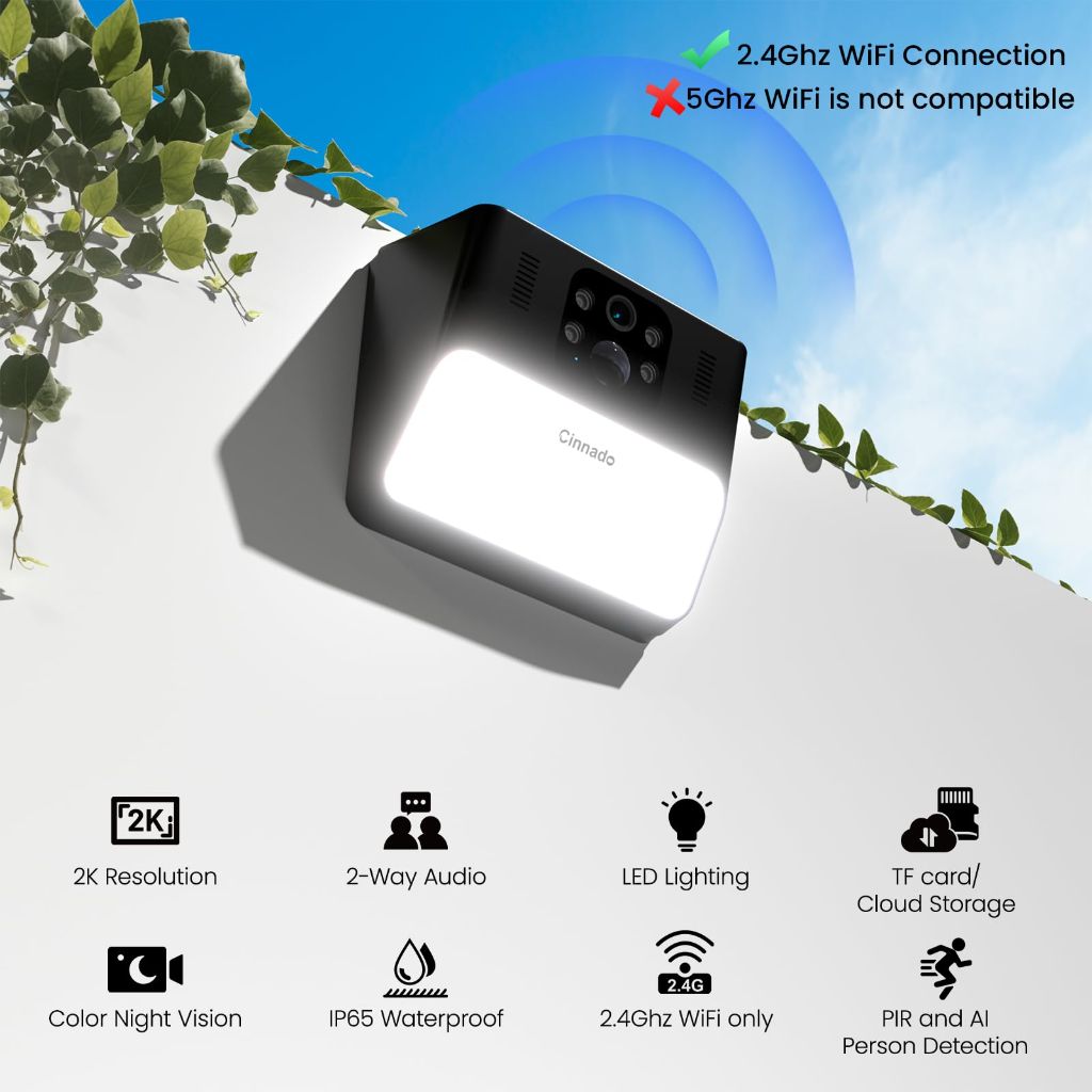 Cinnado Outdoor Solar Wall Light Wireless Cameras -2.4G 2K Black