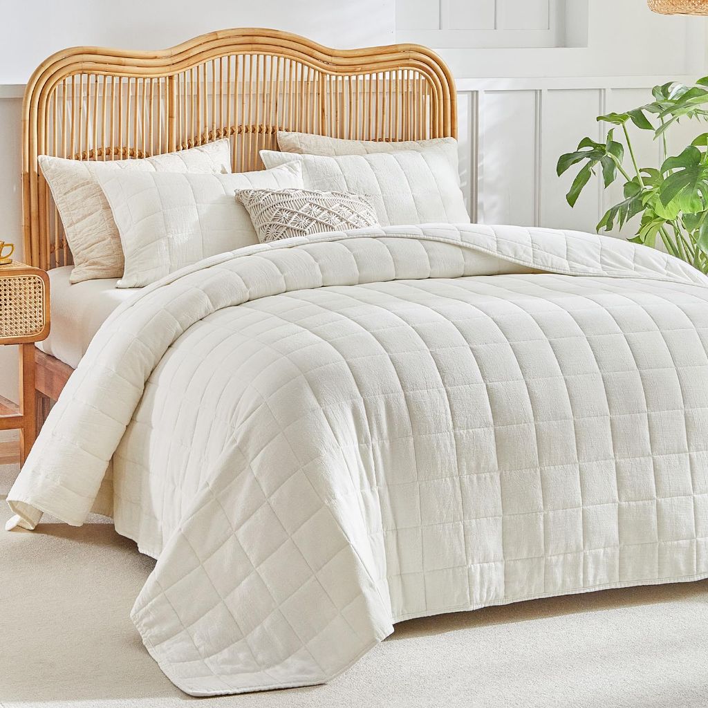 WARMDERN Linen 100% Cotton Quilts Set King Size, Cream White, 106x96