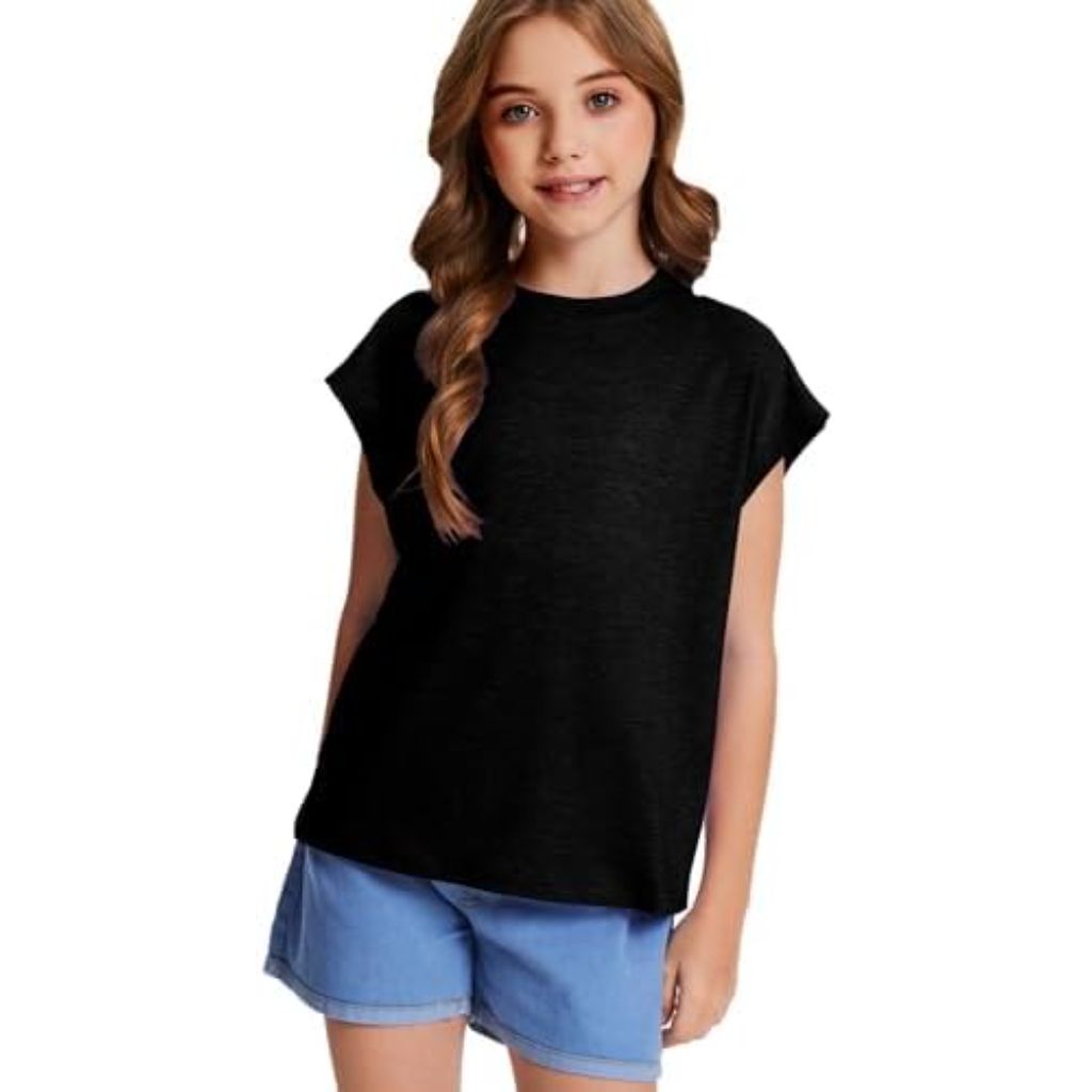 Girls Oversized Cap Sleeve Crew Neck T-Shirt - Black, Size 9/10 Years