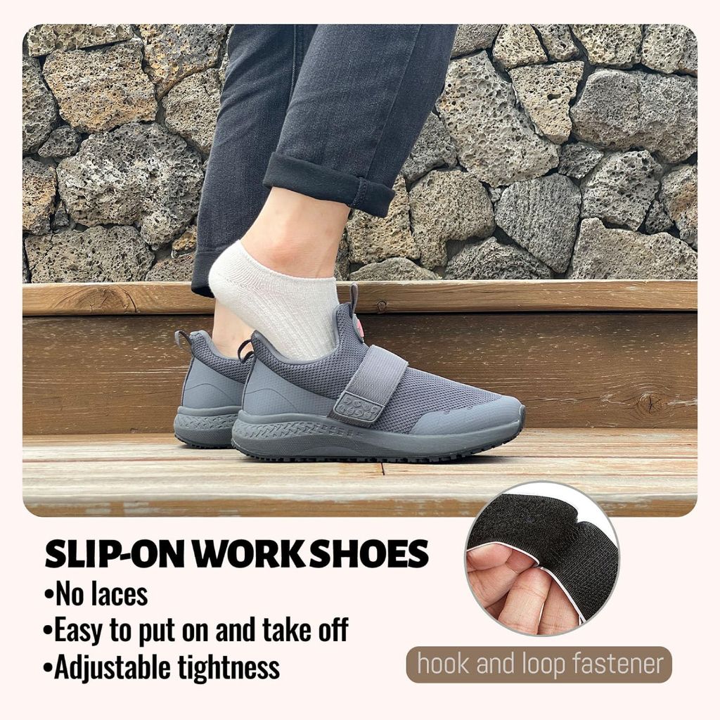 Delobi Women's Non Slip Work Shoes Slip Resistant Food Service Water Resistant Slip On Walking Sneakers for Kitchen and Restaurant Zapatillas Zapatos Trabajo Black 6.5