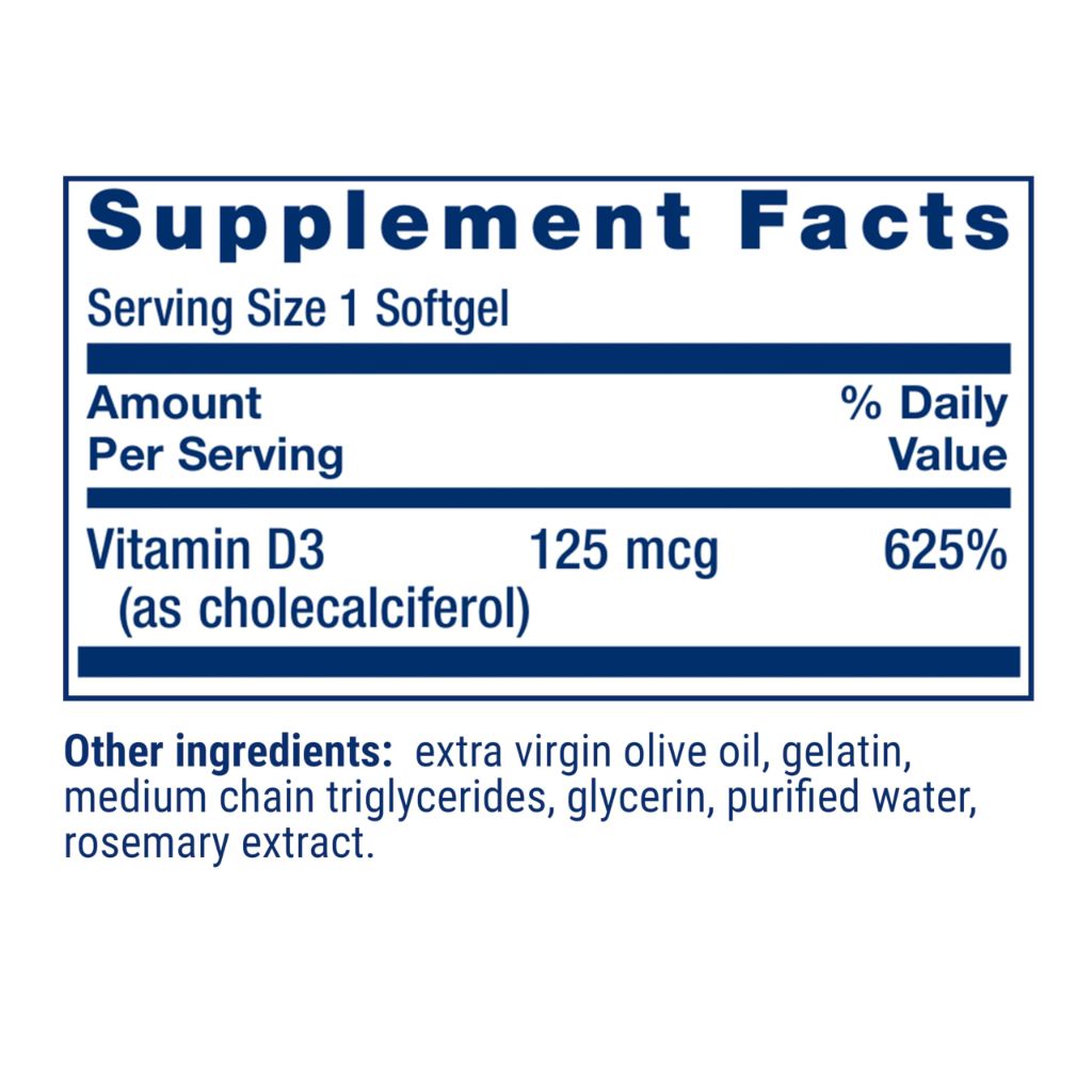Life Extension Vitamin D3 125 mcg (5000 IU), Bone Health, Brain Performance, Immune System Support, Gluten-Free, Non-GMO, Once Daily, Two-Month Supply, 60 Softgels