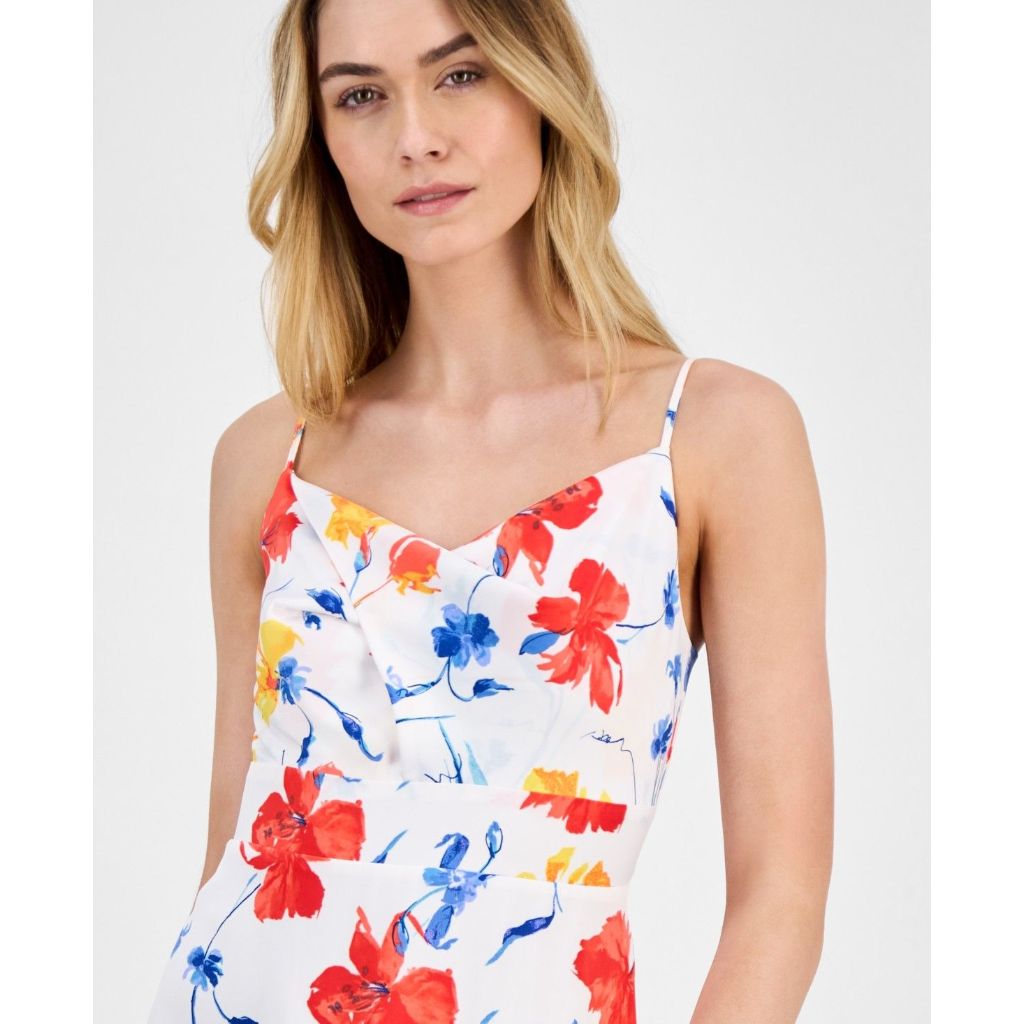 Anne Klein Women's Floral-Print Cowlneck Tiered Satin Maxi Dress - Pearl White Multi