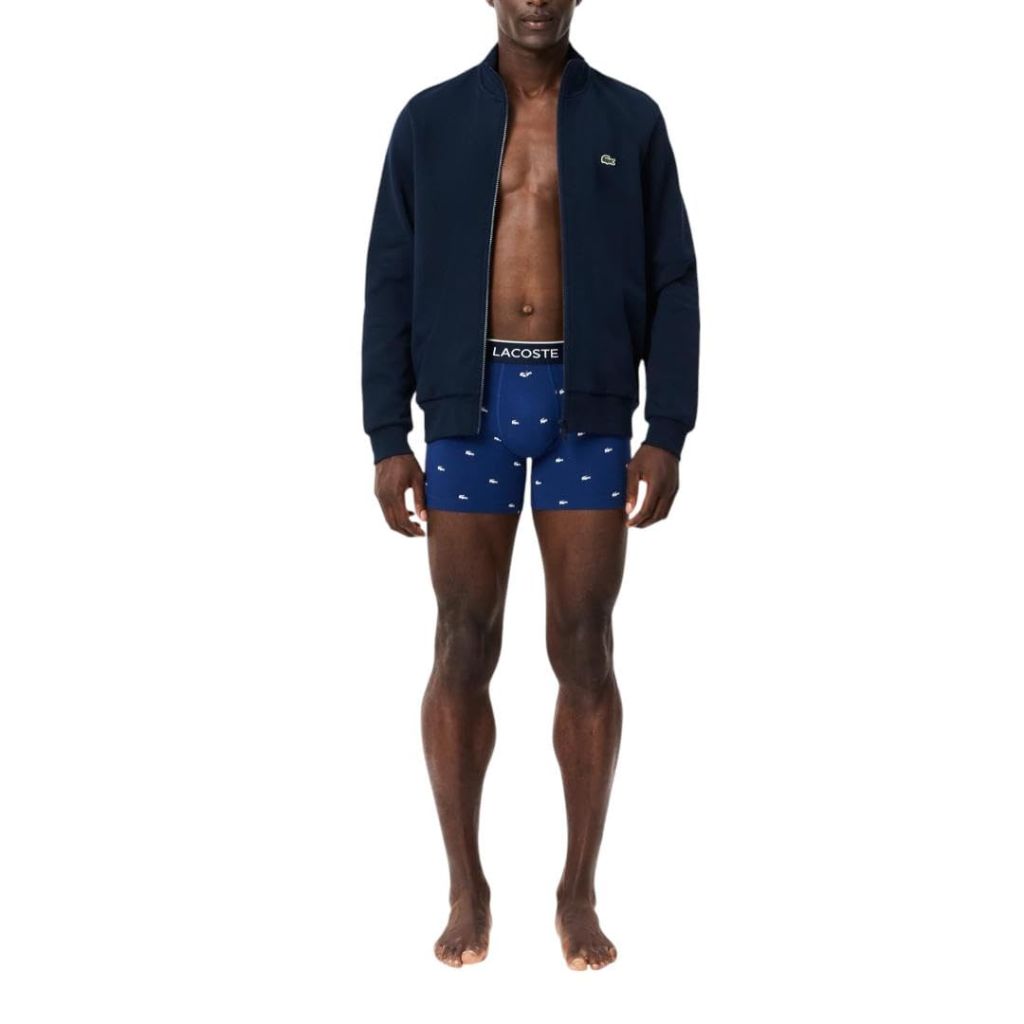 Lacoste Men's Cotton Stretch Mini Croc Print Boxer Briefs, 3-pack, Deep Ocean/Dove Grey/Red, Medium