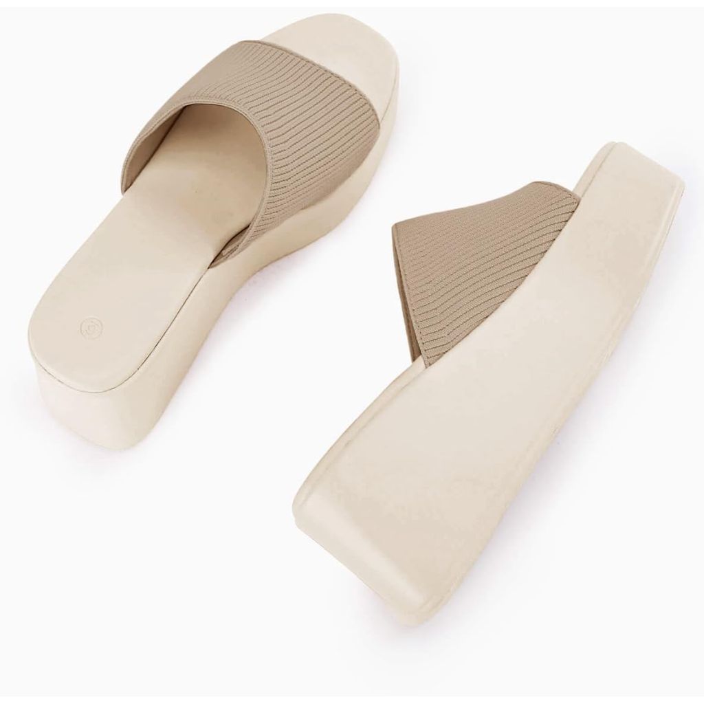 Coutgo Womens Platform Slides Sandals Square Open Toe Slip On Elastic Band Casual Lightweight Wedge Shoes