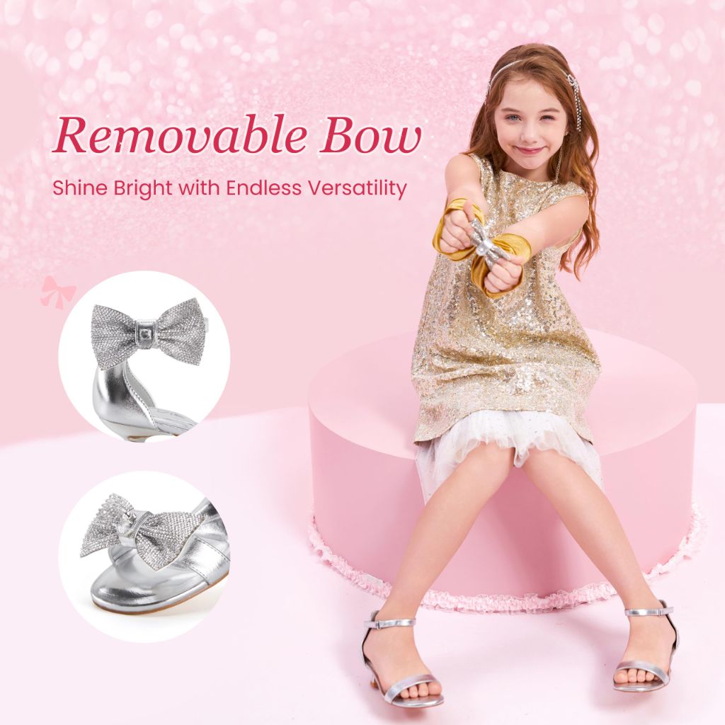 PATPAT Girls Sandal Heels with Removable Bow, Flower Wedding Girls Dress Shoes for Little Big Kid