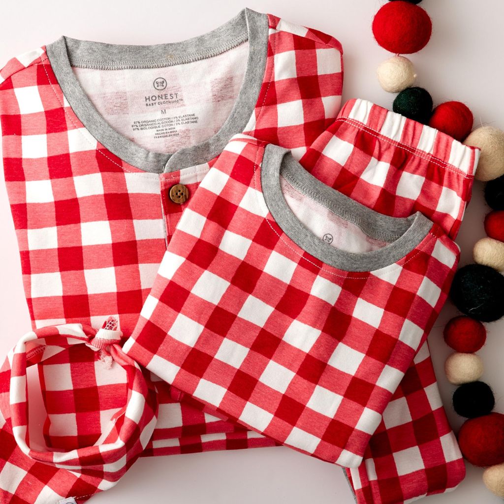 HonestBaby Family Matching Holiday Pajamas Organic Cotton, Painted Buffalo Check Red, Medium-Large