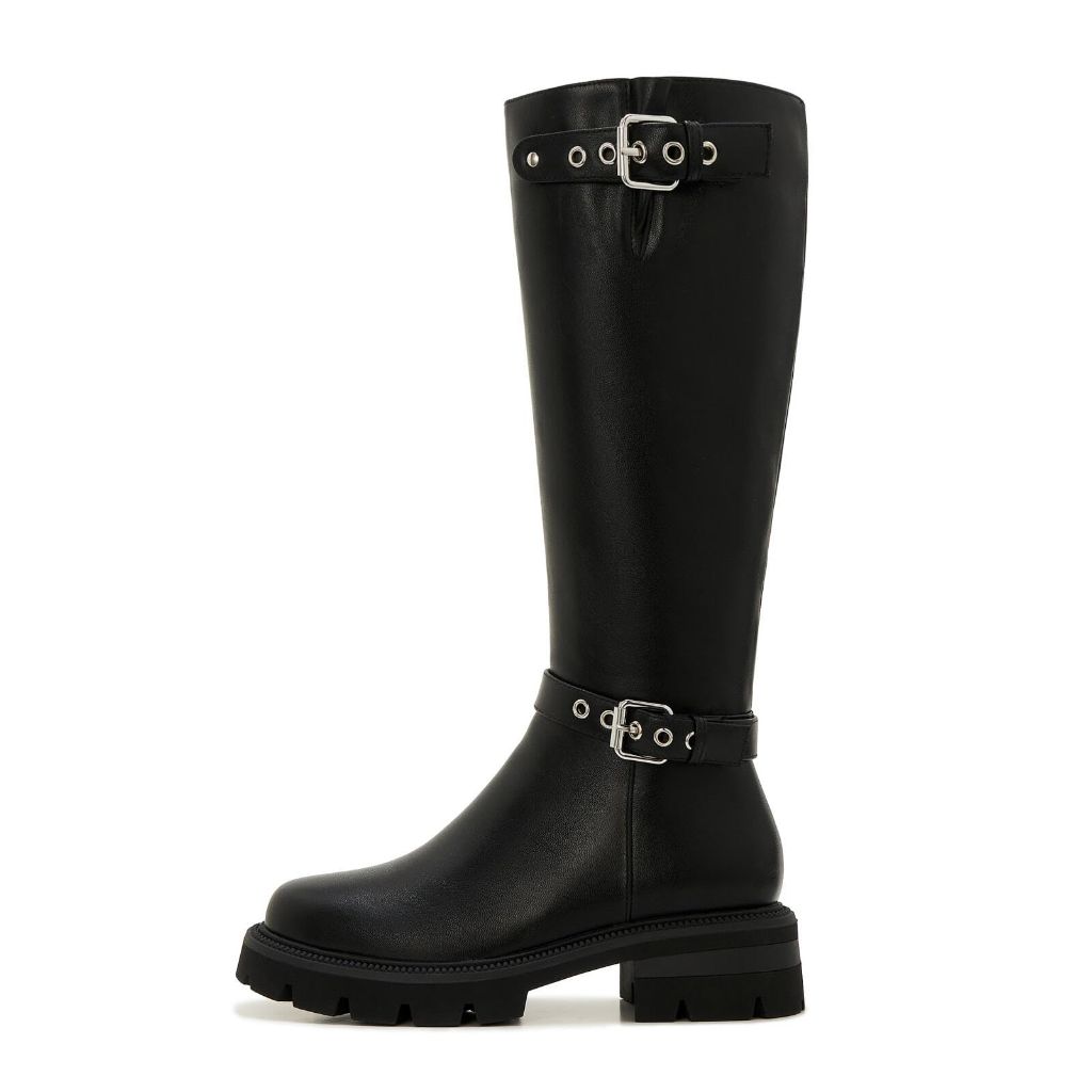 Women's Knee-High Combat Boots with Side Zipper, Black - Size 8