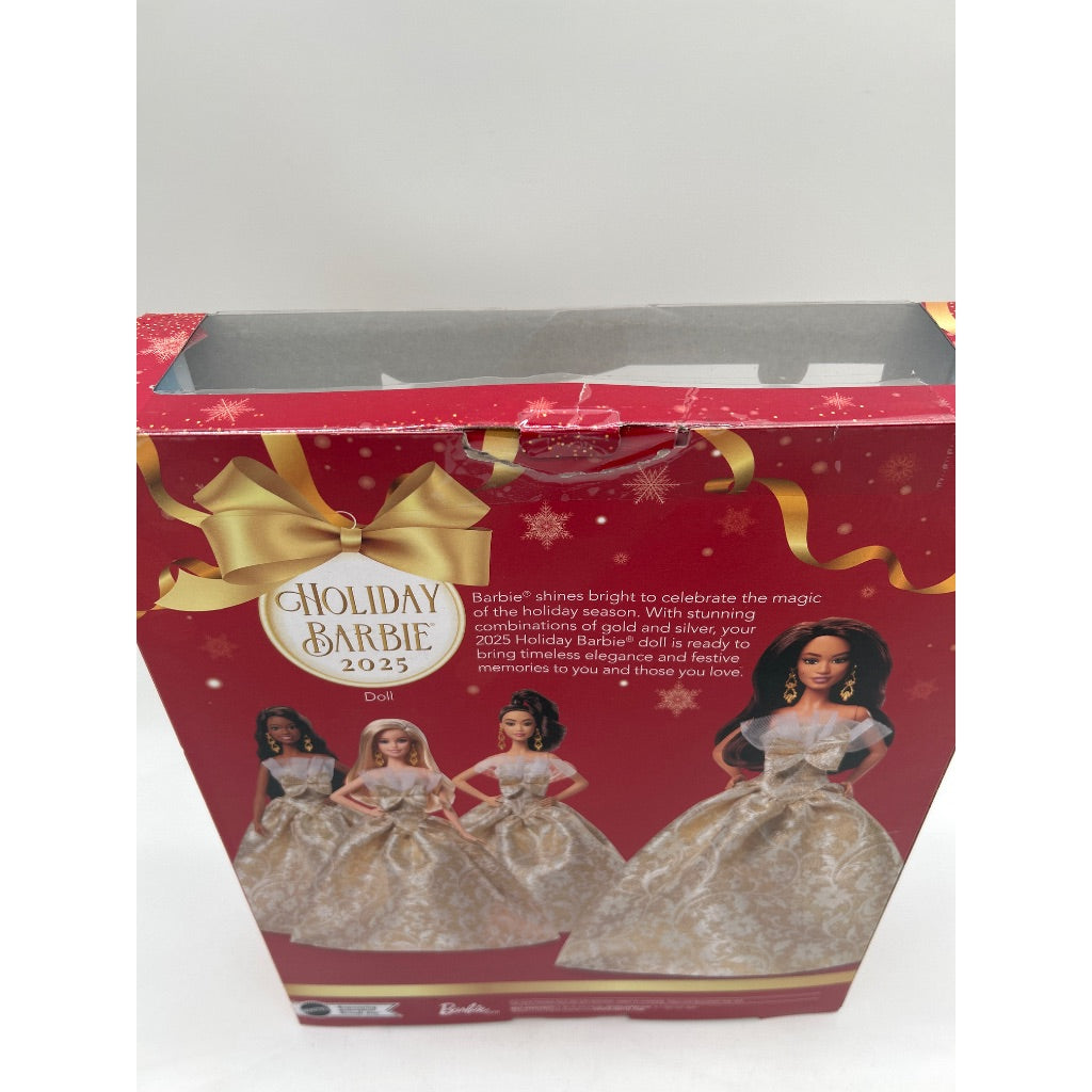 Barbie Signature 2025 Holiday Dark Brown Hair Fashion Doll Wearing Silver & Gold Gown, Seasonal Collector in Displayable Packaging & Stand