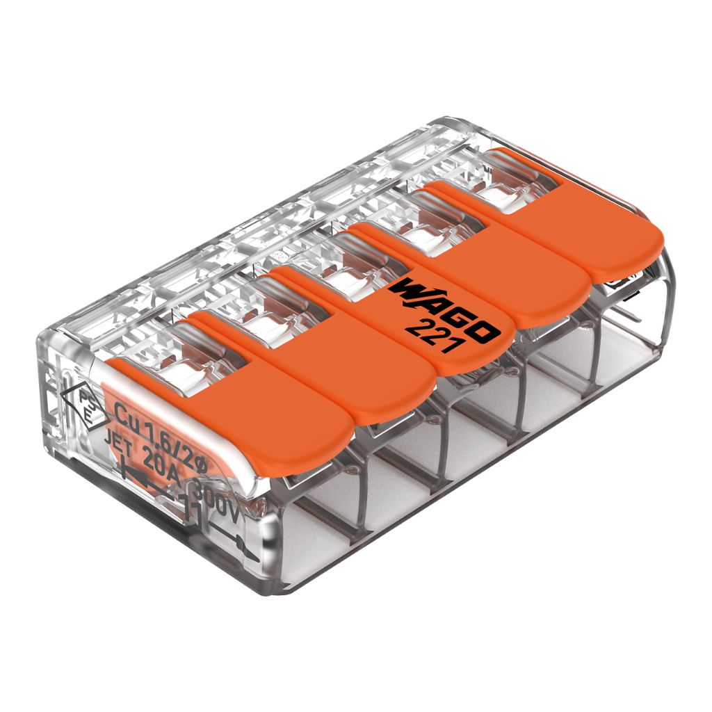 221-415 | WAGO Lever-Nuts® Splicing Connector | for Solid and Stranded Conductors | 5-Conductor with Operating levers | 24-12 AWG | Transparent housing | [Box of 25 Pieces]
