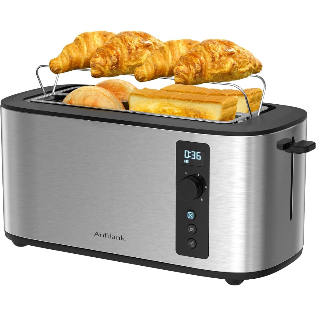 Toaster 4 Slice with Countdown Timer, Extra Wide Slots for Bagels and Waffles, 6 Browning Settings, Removable Crumb Tray, Stainless Steel