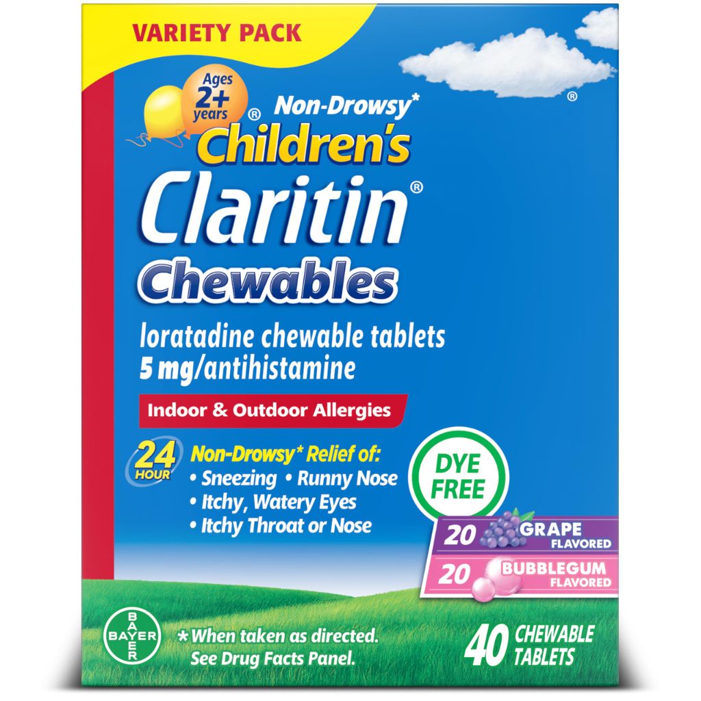 Claritin Children's Allergy Medicine, 24-Hour Non-Drowsy Loratadine, Ages 2 Years and Older, Grape & Bubble Gum Flavors, 40 Tablets