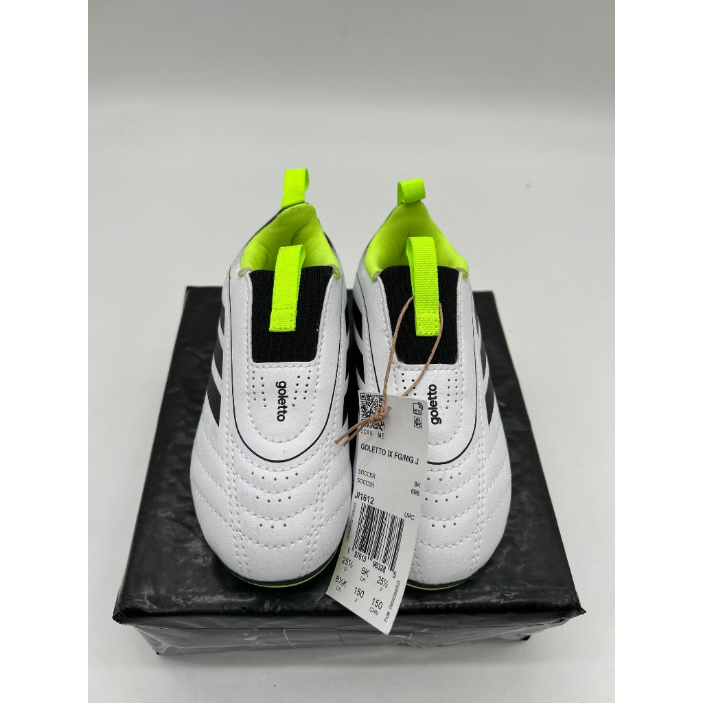 adidas Kids Goletto IX Firm/Multi Ground Junior Laceless Soccer Cleats, White/Core Black/Lucid Lemon Size 8.5 Toddler
