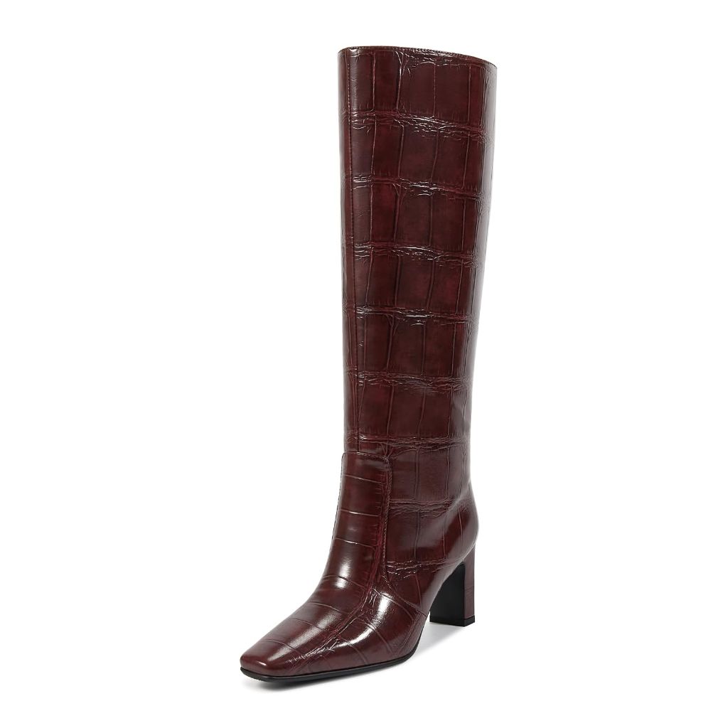 Wetkiss Burgundy Boots Straight Leg Knee High Boots for Women Block Heels Regular Calf Square Toe Stone Burgundy Size 6.5