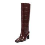 Wetkiss Burgundy Boots Straight Leg Knee High Boots for Women Block Heels Regular Calf Square Toe Stone Burgundy Size 6.5