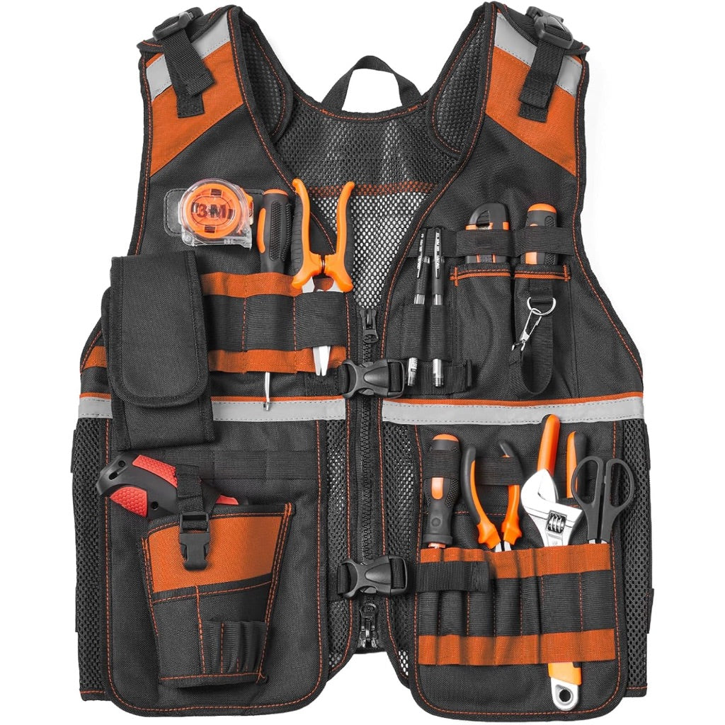 Electrician Tool Vest, Reflective Safety Work Vest with Adjustable Thick Straps, 22 Pockets
