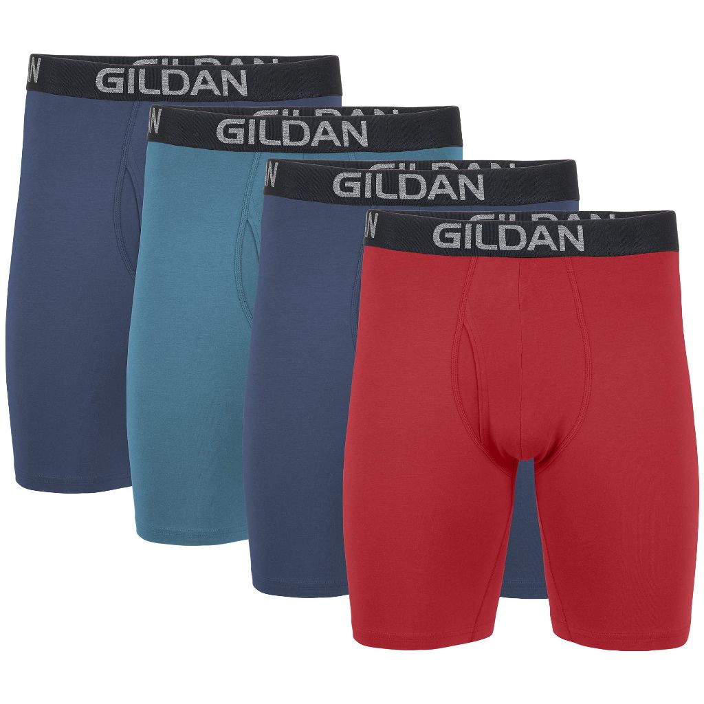 Gildan Men's Underwear Cotton Stretch Boxer Briefs, Multipack, Blue Cove/Hawaiian Blue/Heather Red Mark (4-Pack), Large