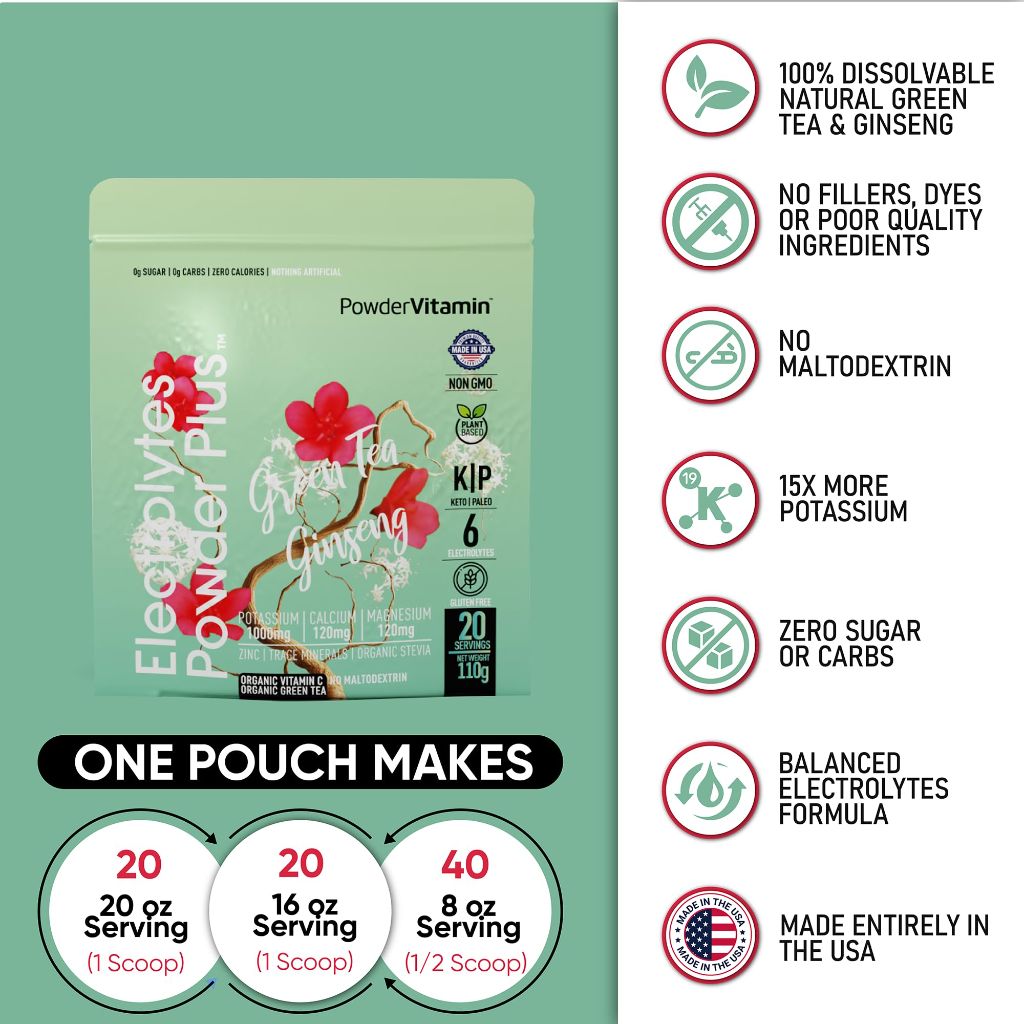 PowderVitamin Electrolytes Powder Plus, 110g, 20 Servings, Green Tea Ginseng