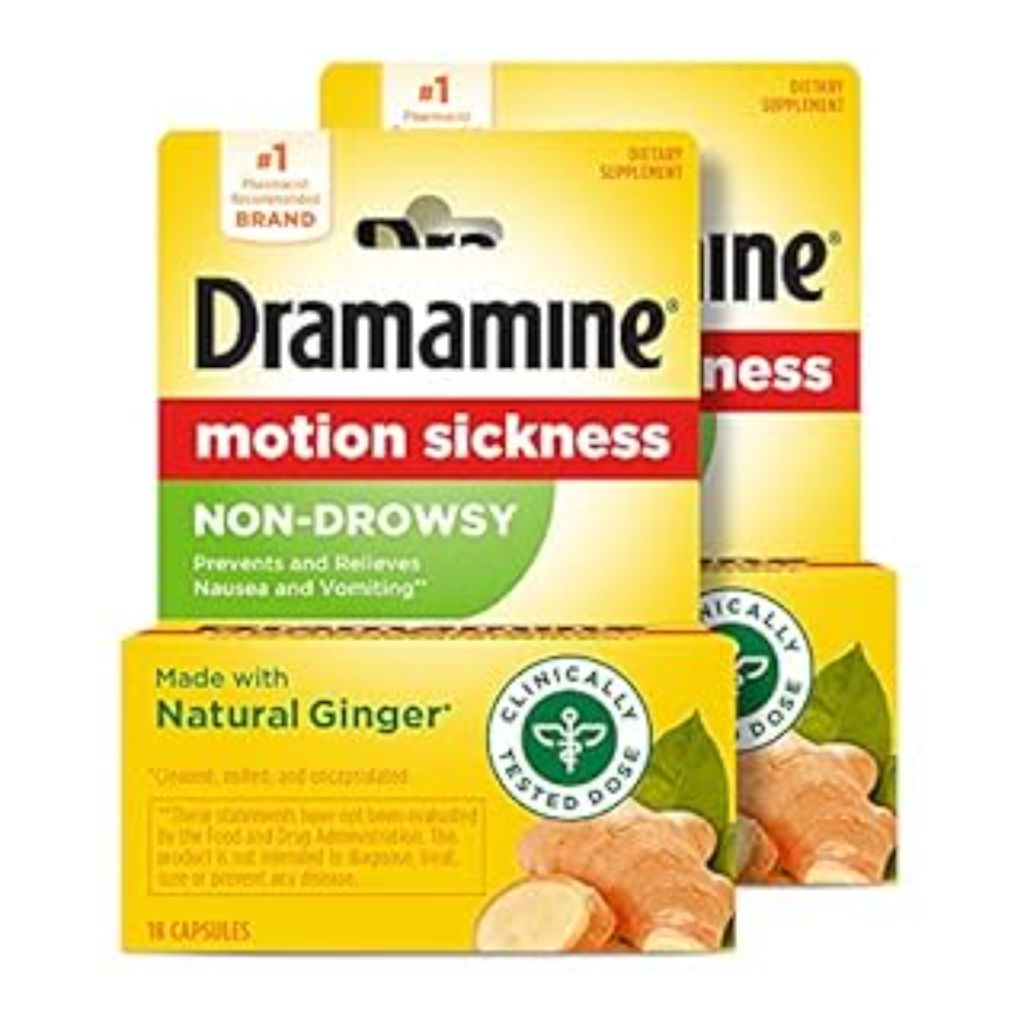 Dramamine Non-Drowsy Motion Sickness Relief with Natural Ginger, 18 Count (2 Pack)