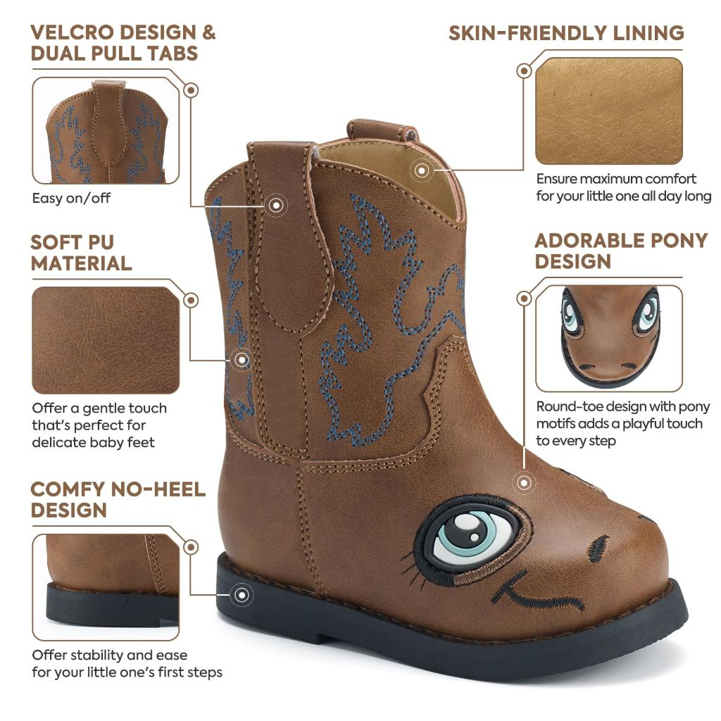 Rollda Baby Cowboy Boots Toddler Cowgirl Boots Infant Western Boots Round Toe Brown Toddler Size 5