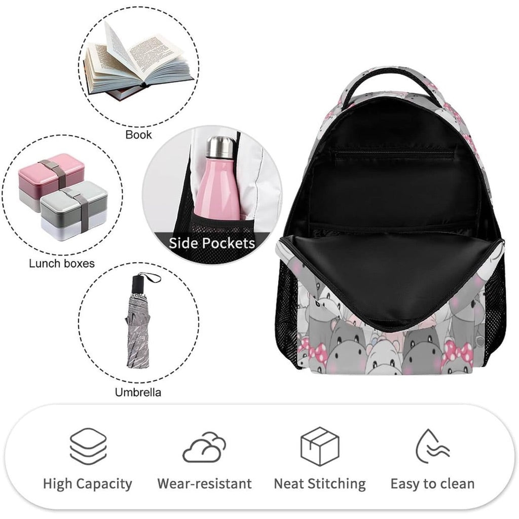 Kid's Hippo Backpack, 16" Adjustable, Lightweight - Pink & Gray Hippo