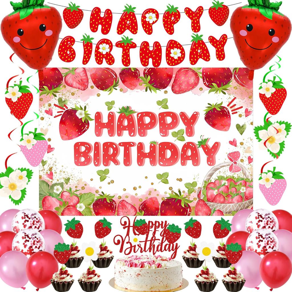 Strawberry Birthday Party Decorations: Banner, Balloons, Backdrop, Cake Toppers, etc. (23 pcs)