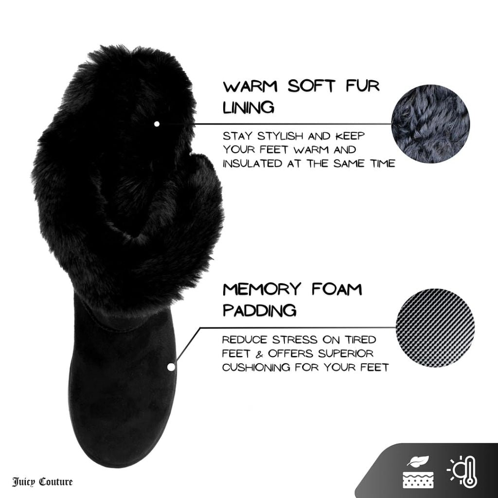 Juicy Couture Women's Slip On Winter Snow Boots Warm & Insulated Fur Lining Comfortable Black-7