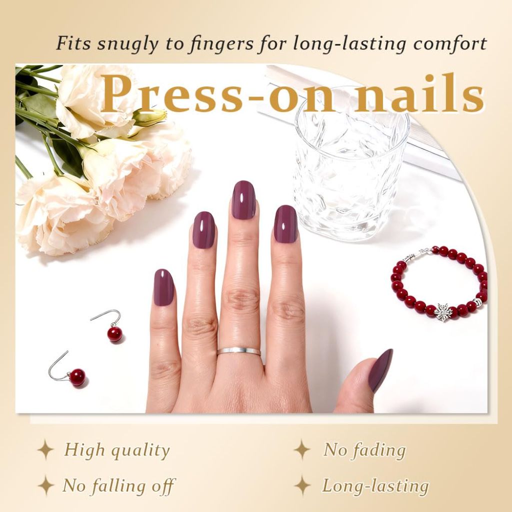 Kaely Dark Mauve Medium Oval Glossy Press on Nails for Women