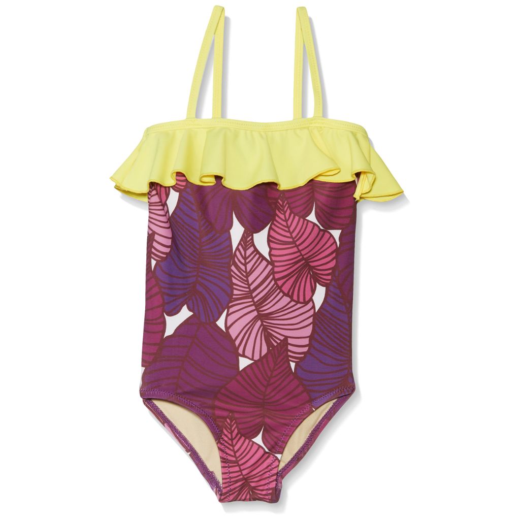 Pink Chicken Girls Coco Swimsuit, Purple Tropical Leaves - size 4y