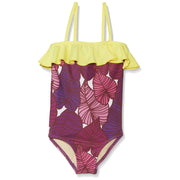 Pink Chicken Girls Coco Swimsuit, Purple Tropical Leaves - size 4y