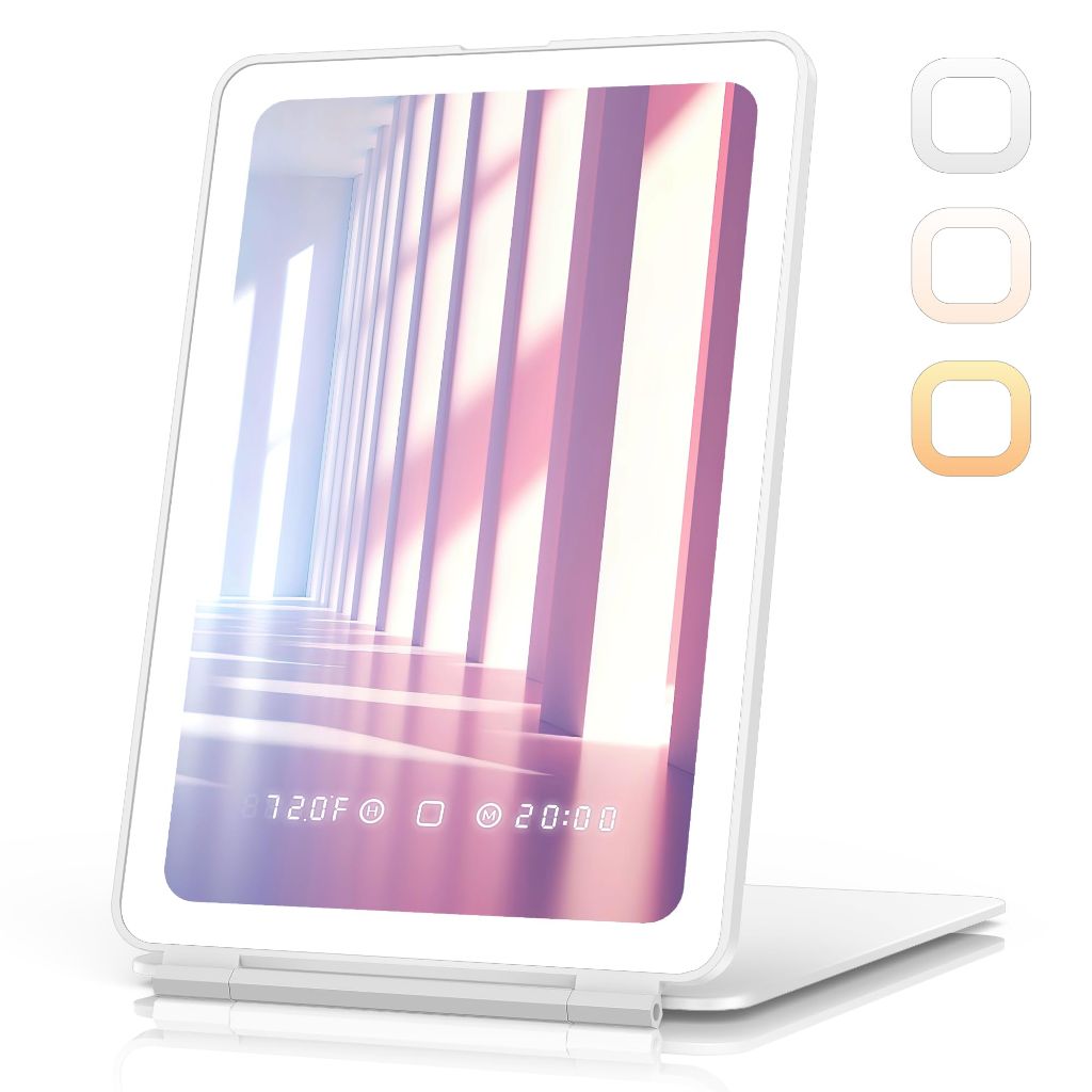 Travel Makeup Mirror with Time & Temperature Display, 7.5" Foldable Lighted Mirror