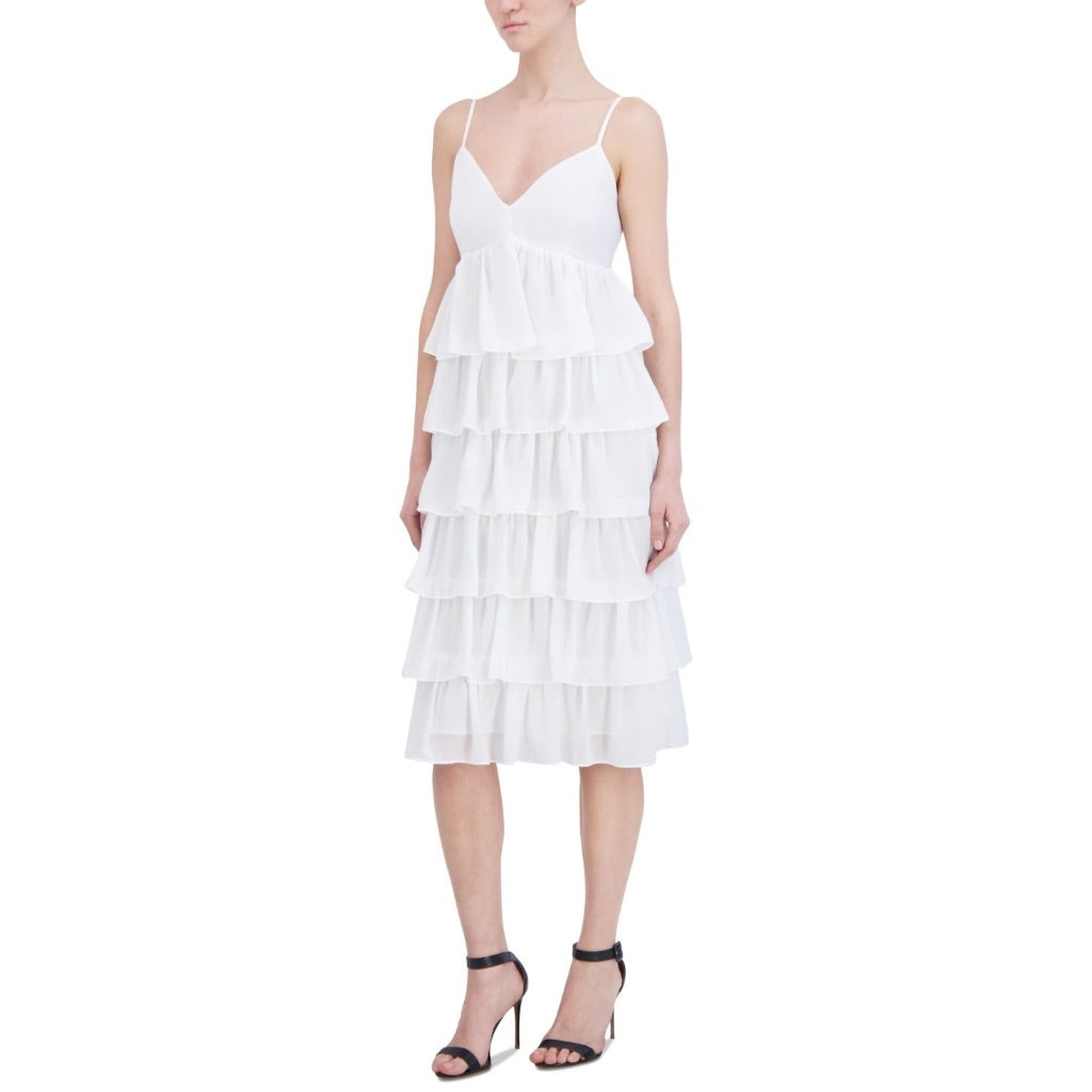 BCBG New York Women's Tiered Ruffle Midi Dress, Marshmallow, Size XS