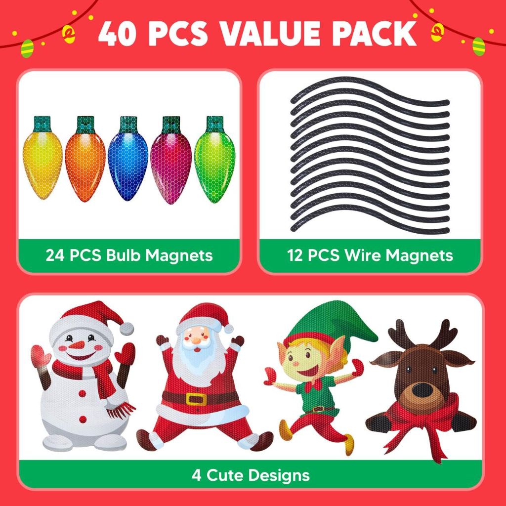 JOYIN 40PCS Christmas Car Refrigerator Decorations, 24 Bulb Light Reflective Magnets in 6 Color