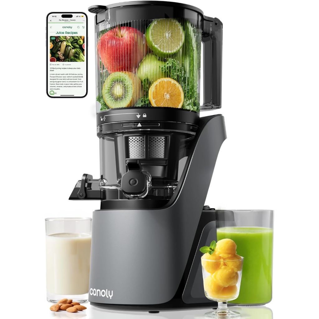Canoly C16 Cold Press Juicer, 6" Extra Wide Feed Chute with Dual Strainers (Juice & Sorbet), Powerful AC Brushless Motor, Self Precut System (Space Gray) - DAMAGED BOX