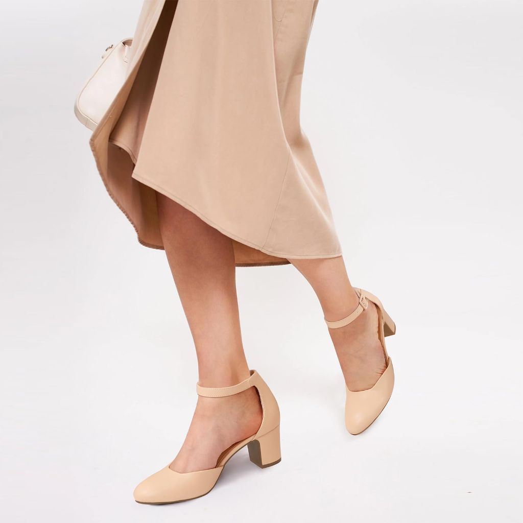 PIZZ ANNU Women's Gilaa Closed Toe Low Chunky Heels Pumps Ankle Strap, Nude, Size 11