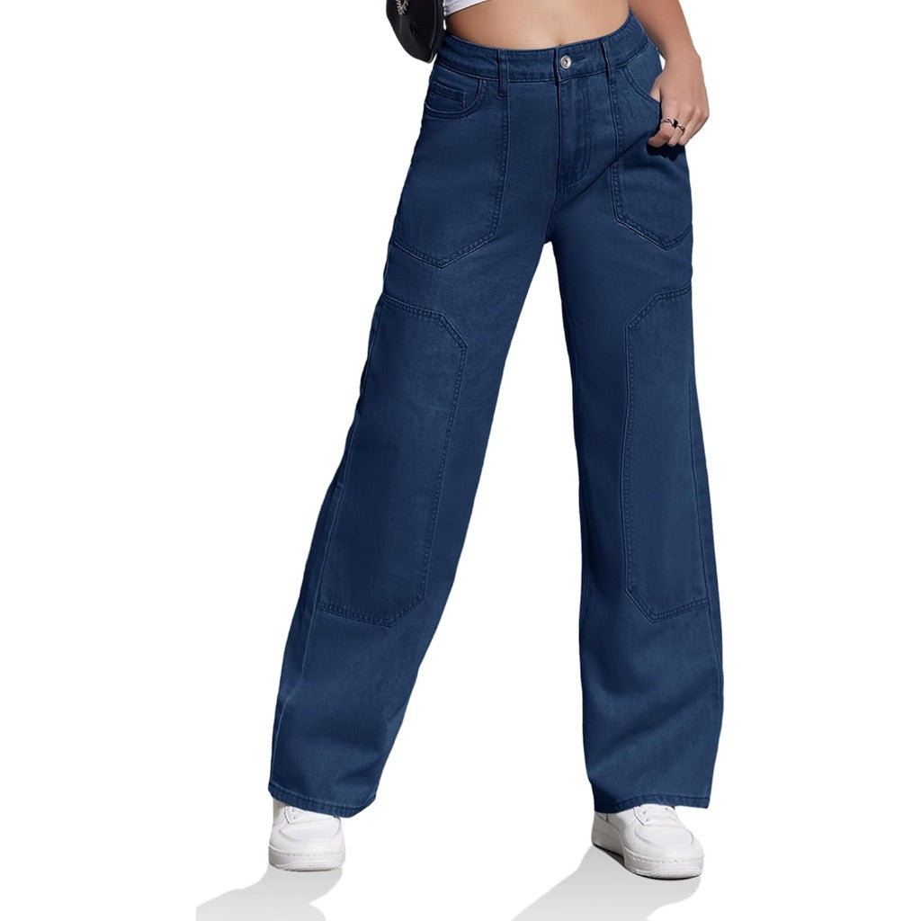 Women's High Waisted Cargo Jeans Wide Leg Boyfriend Baggy Pants, Navy, Size 8