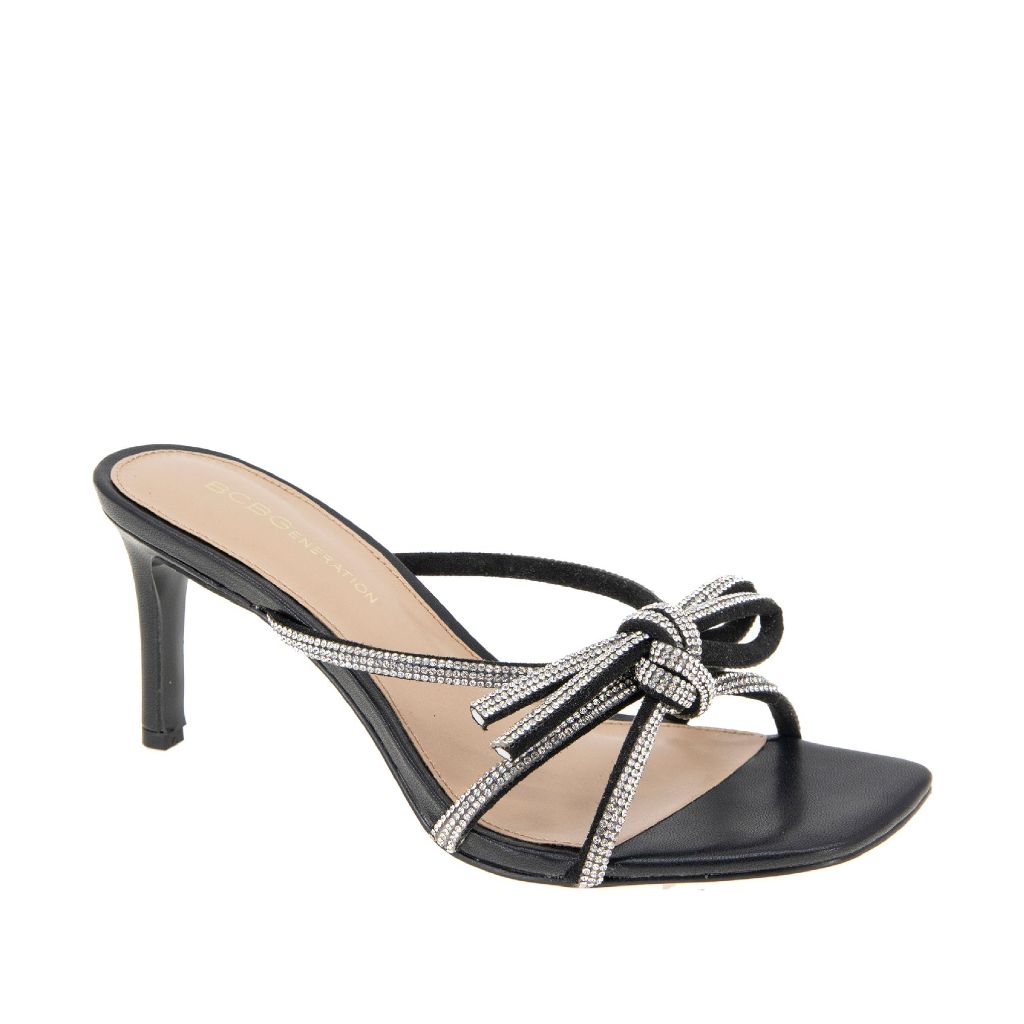 BCBGeneration Selma Sandal with rhinestone knotted bow, (5M) Black/Clear