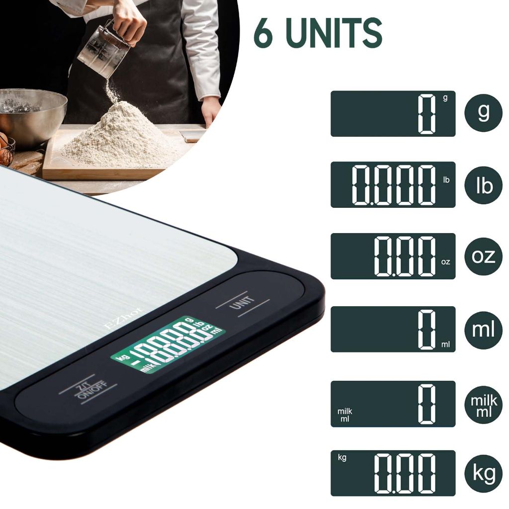 EZhot 11lb Digital Kitchen Scale, Battery Operated with Automatic Shut Off, Precise 1g/0.1oz Measurements - Black/Silver