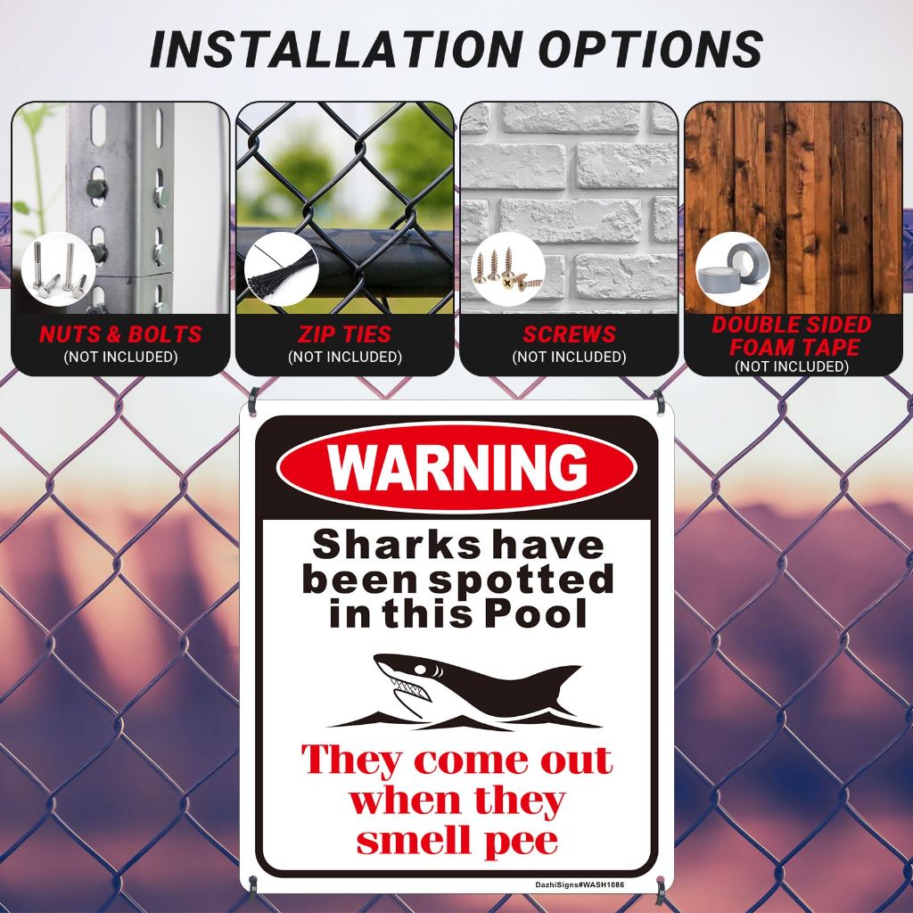Warning Sharks Have Been Spotted in This Pool -They Come Out When They Smell Pee Sign, 2Pack-10"x8.6" Rust Free Reflective Aluminum, Fade Resistant, Weather Resistant, UV Protected, Easy to Mount