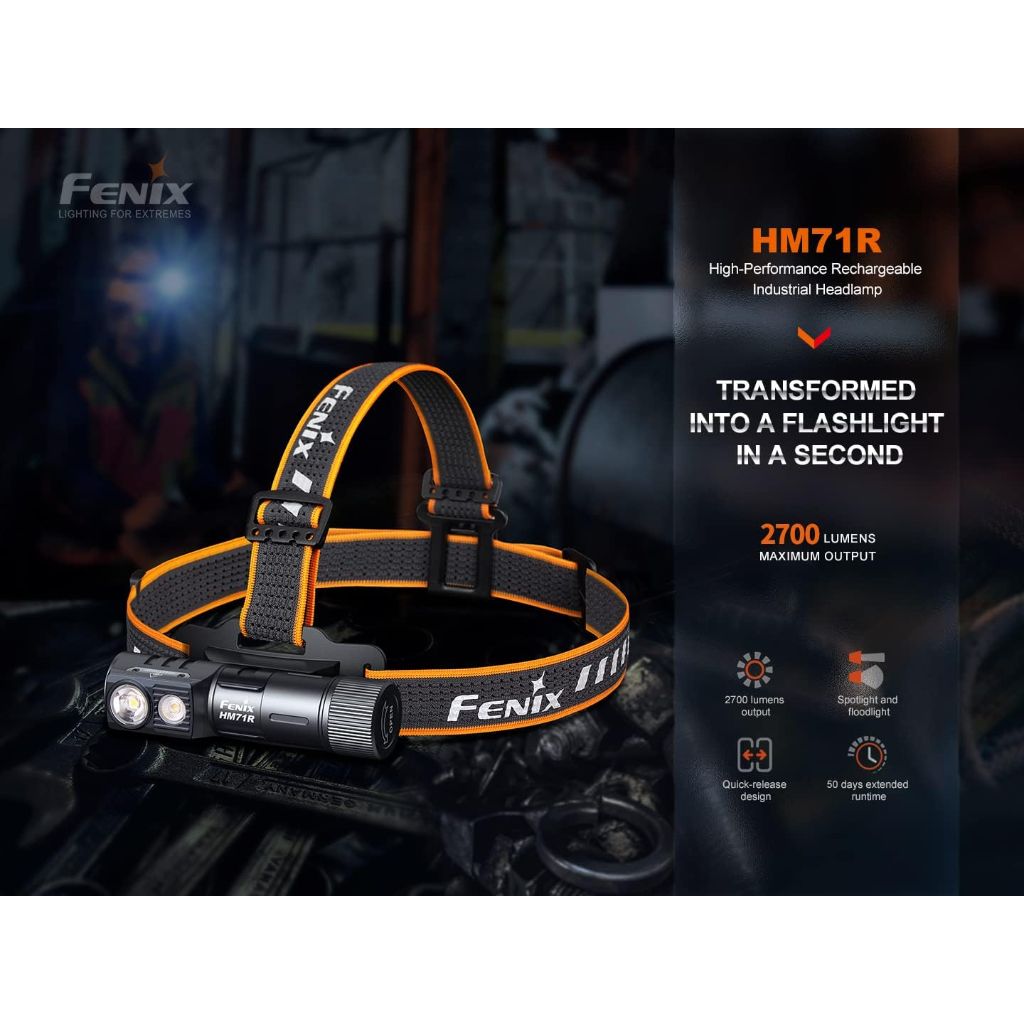 Fenix HM71R High-Performance Rechargeable Industrial Headlamp, 2700 Lumens, 400hr Runtime