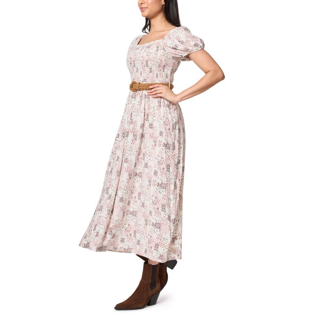 WallFlower Women's Alma Rayon Challis Puff Sleeve Smocked Belted Maxi Dress, Parchment, X-Large