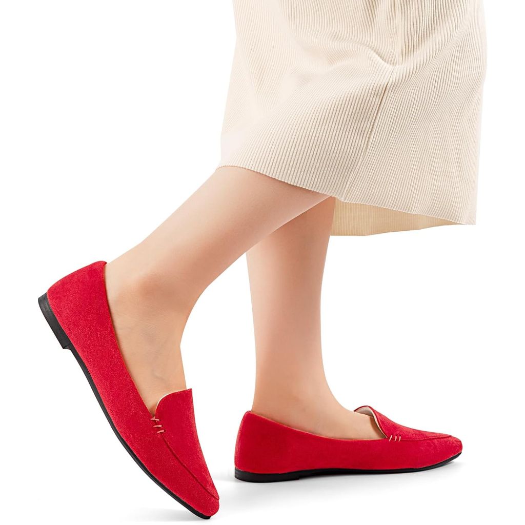 MUSSHOE Pointed Toe Flats for Women, Red Suede, 10
