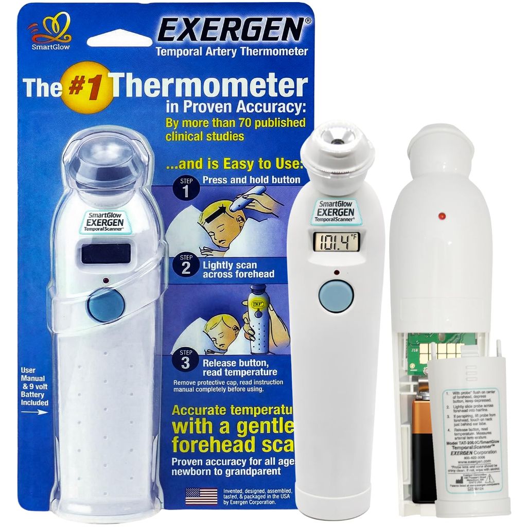 Exergen TAT-2000C Temporal Artery Thermometer Soft Glow Display, Silent Mode, 9V Battery Included