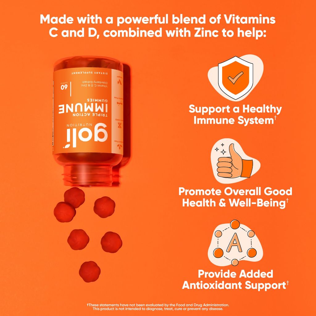 Goli Immune Vitamin Gummy - 60 Count - Elderberry, Vitamin C, D & Zinc, Vegan, Non-GMO, Gluten-Free & Gelatin-Free, Pack of 1